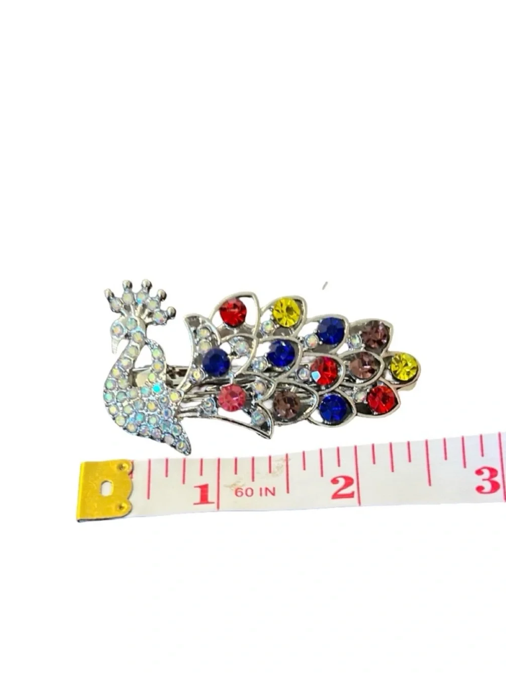 Multicolor Silver Peacock With Iridescent Crystal Hair Clip 2.5”FINAL PRICE DROP